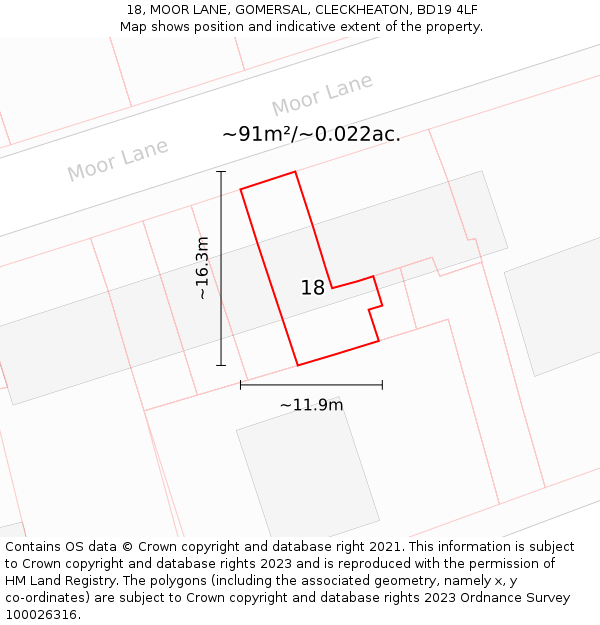 18, MOOR LANE, GOMERSAL, CLECKHEATON, BD19 4LF: Plot and title map