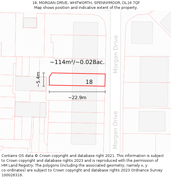 18, MORGAN DRIVE, WHITWORTH, SPENNYMOOR, DL16 7QF: Plot and title map