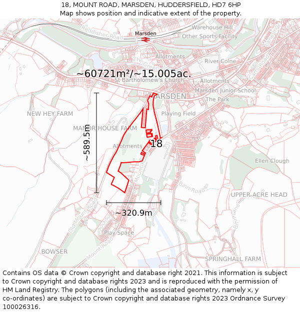 18, MOUNT ROAD, MARSDEN, HUDDERSFIELD, HD7 6HP: Plot and title map