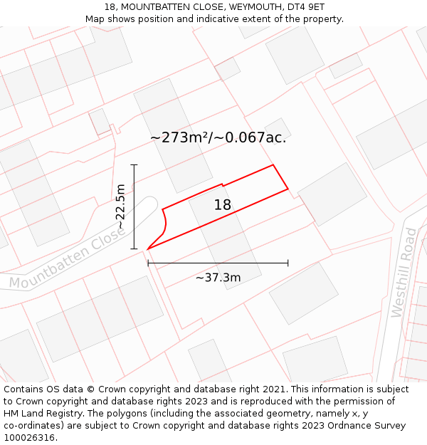 18, MOUNTBATTEN CLOSE, WEYMOUTH, DT4 9ET: Plot and title map