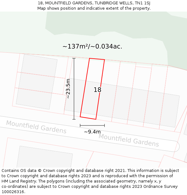 18, MOUNTFIELD GARDENS, TUNBRIDGE WELLS, TN1 1SJ: Plot and title map