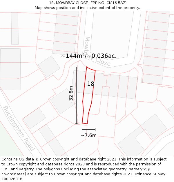 18, MOWBRAY CLOSE, EPPING, CM16 5AZ: Plot and title map