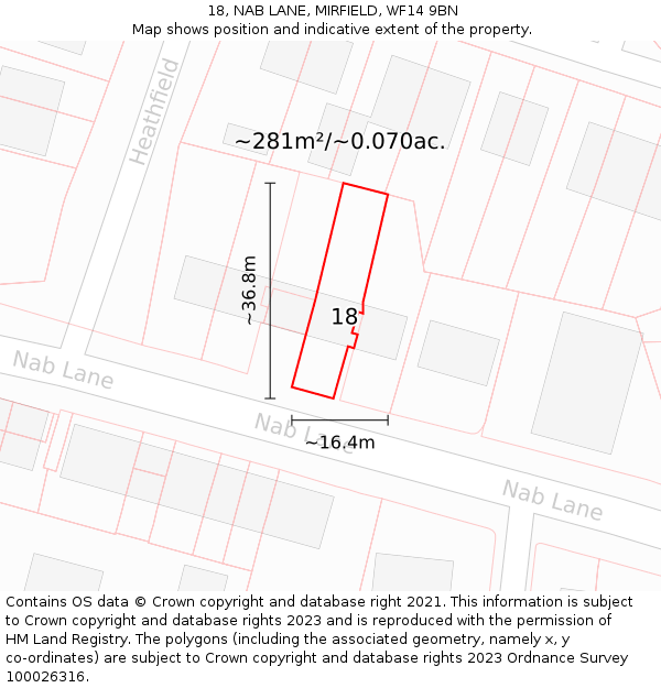 18, NAB LANE, MIRFIELD, WF14 9BN: Plot and title map