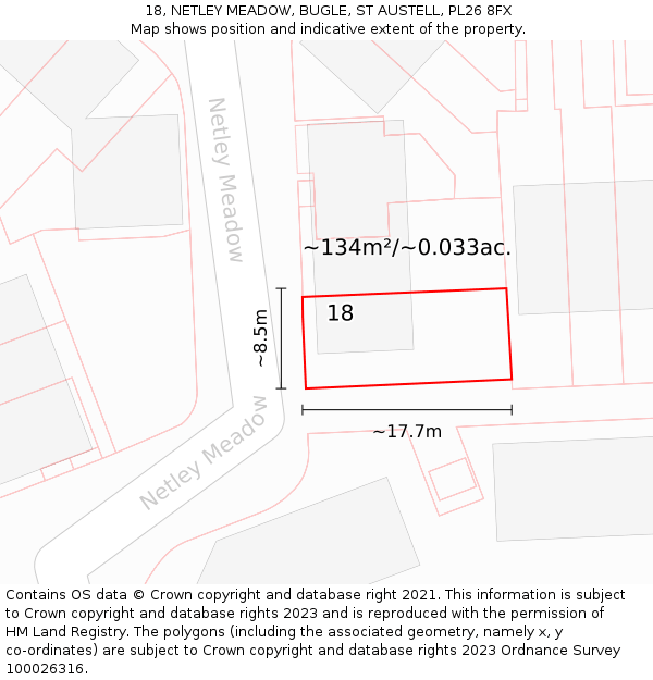 18, NETLEY MEADOW, BUGLE, ST AUSTELL, PL26 8FX: Plot and title map