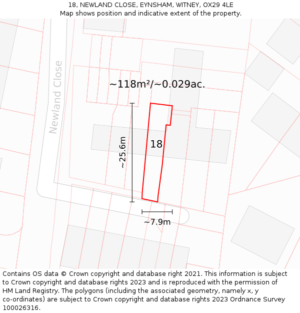 18, NEWLAND CLOSE, EYNSHAM, WITNEY, OX29 4LE: Plot and title map
