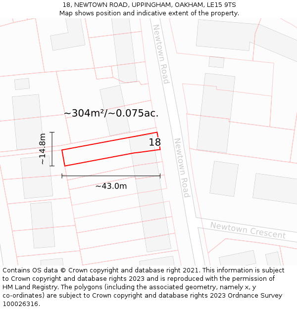 18, NEWTOWN ROAD, UPPINGHAM, OAKHAM, LE15 9TS: Plot and title map