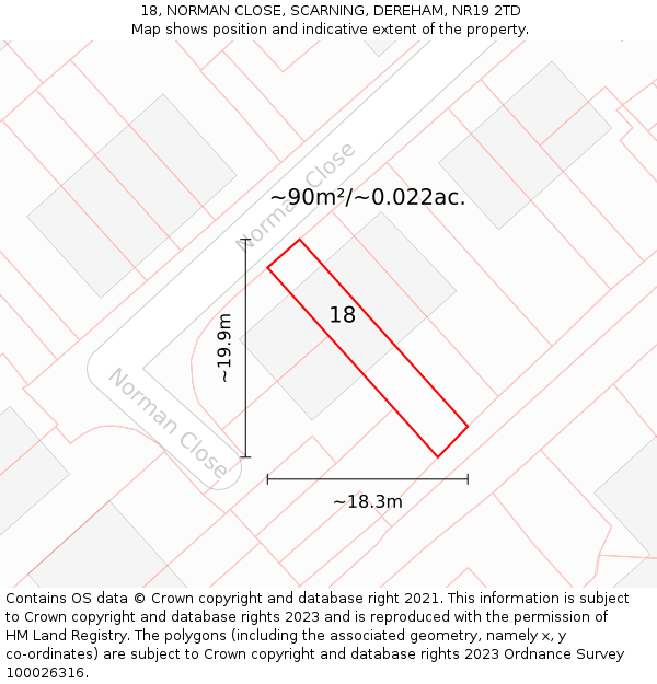 18, NORMAN CLOSE, SCARNING, DEREHAM, NR19 2TD: Plot and title map