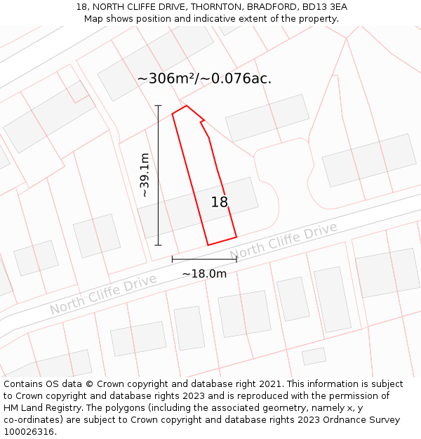 18, NORTH CLIFFE DRIVE, THORNTON, BRADFORD, BD13 3EA: Plot and title map