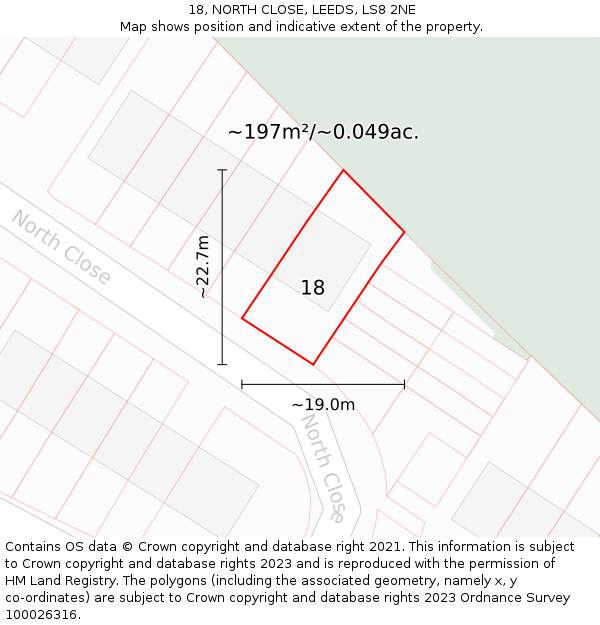 18, NORTH CLOSE, LEEDS, LS8 2NE: Plot and title map