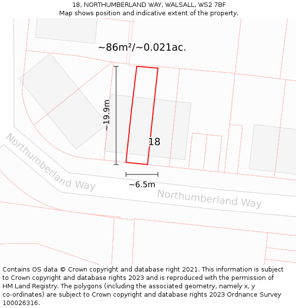 18, NORTHUMBERLAND WAY, WALSALL, WS2 7BF: Plot and title map