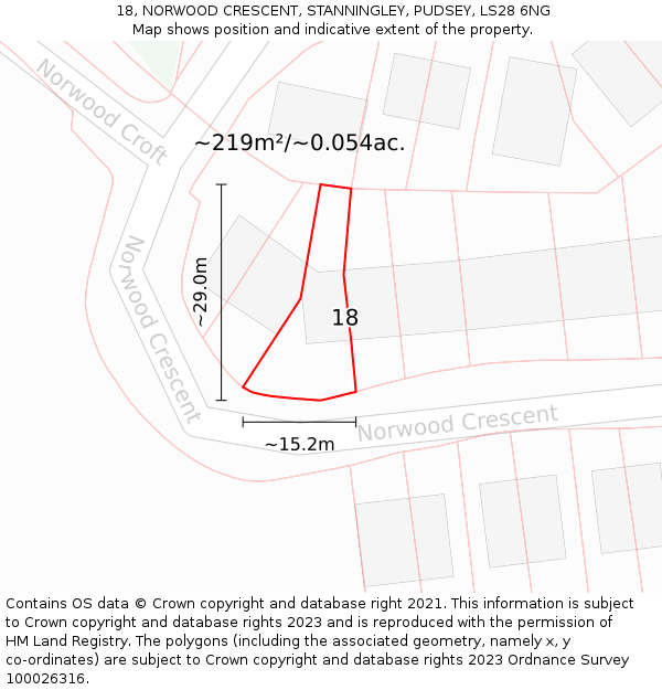 18, NORWOOD CRESCENT, STANNINGLEY, PUDSEY, LS28 6NG: Plot and title map