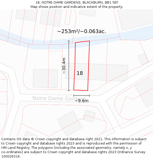 18, NOTRE DAME GARDENS, BLACKBURN, BB1 5EF: Plot and title map