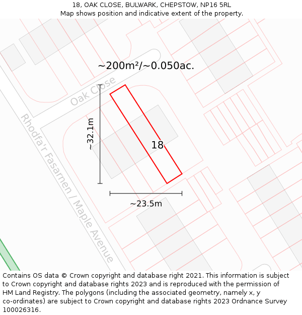 18, OAK CLOSE, BULWARK, CHEPSTOW, NP16 5RL: Plot and title map