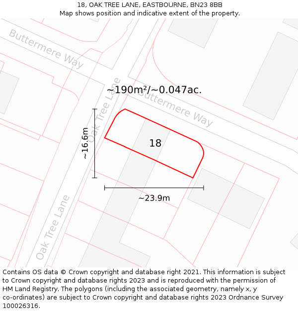 18, OAK TREE LANE, EASTBOURNE, BN23 8BB: Plot and title map