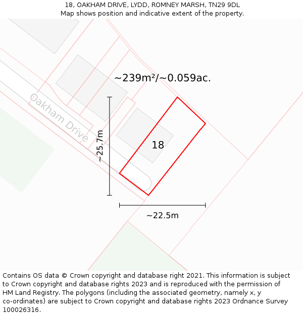 18, OAKHAM DRIVE, LYDD, ROMNEY MARSH, TN29 9DL: Plot and title map