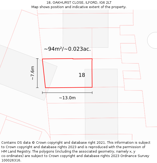 18, OAKHURST CLOSE, ILFORD, IG6 2LT: Plot and title map