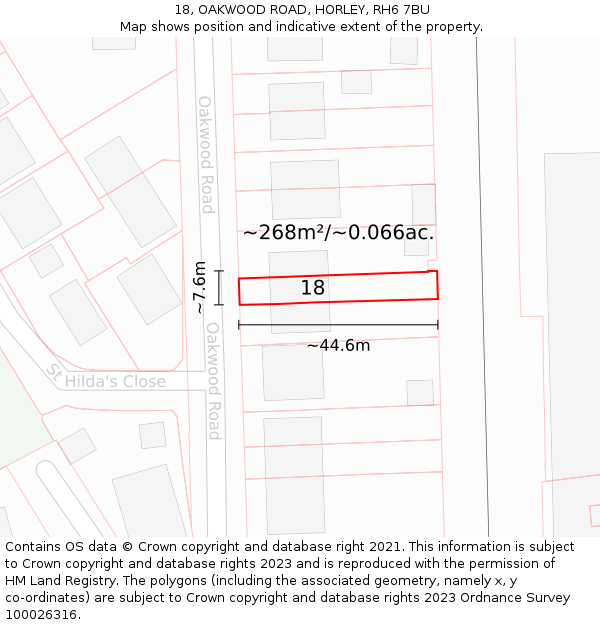 18, OAKWOOD ROAD, HORLEY, RH6 7BU: Plot and title map
