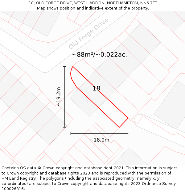 18, OLD FORGE DRIVE, WEST HADDON, NORTHAMPTON, NN6 7ET: Plot and title map