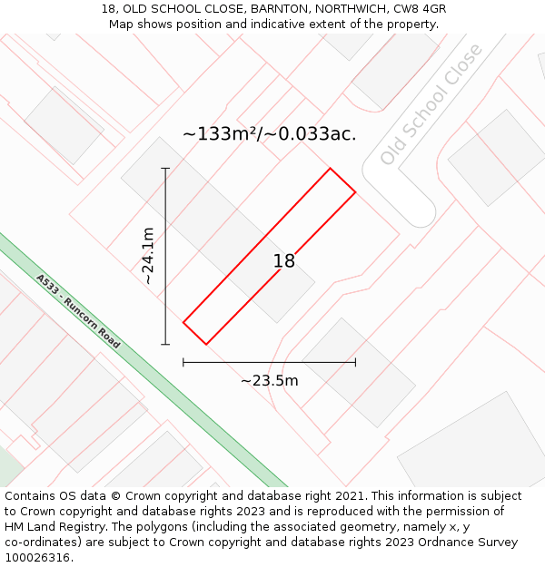 18, OLD SCHOOL CLOSE, BARNTON, NORTHWICH, CW8 4GR: Plot and title map