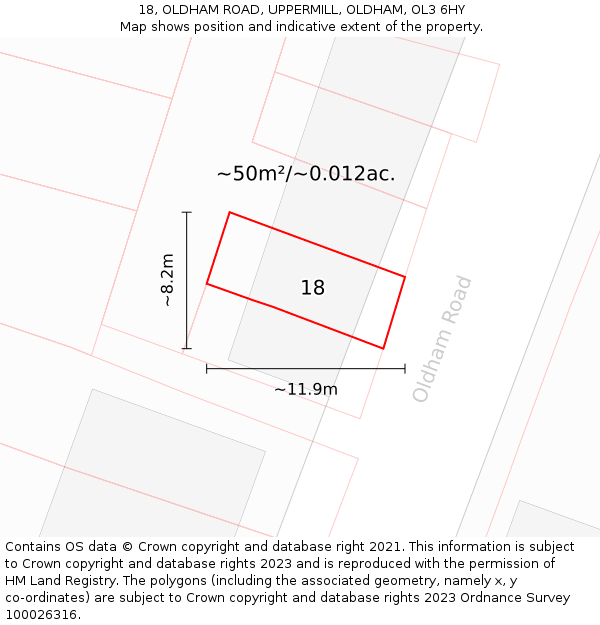 18, OLDHAM ROAD, UPPERMILL, OLDHAM, OL3 6HY: Plot and title map