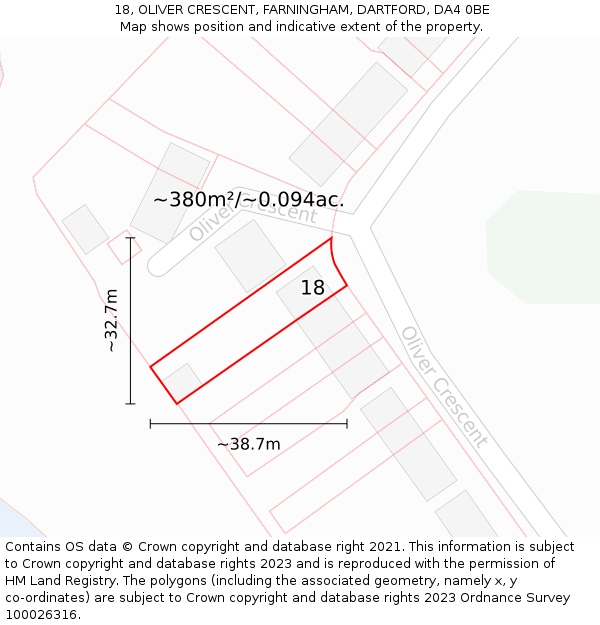 18, OLIVER CRESCENT, FARNINGHAM, DARTFORD, DA4 0BE: Plot and title map