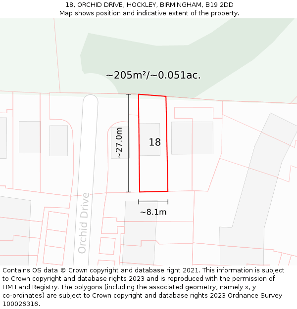 18, ORCHID DRIVE, HOCKLEY, BIRMINGHAM, B19 2DD: Plot and title map