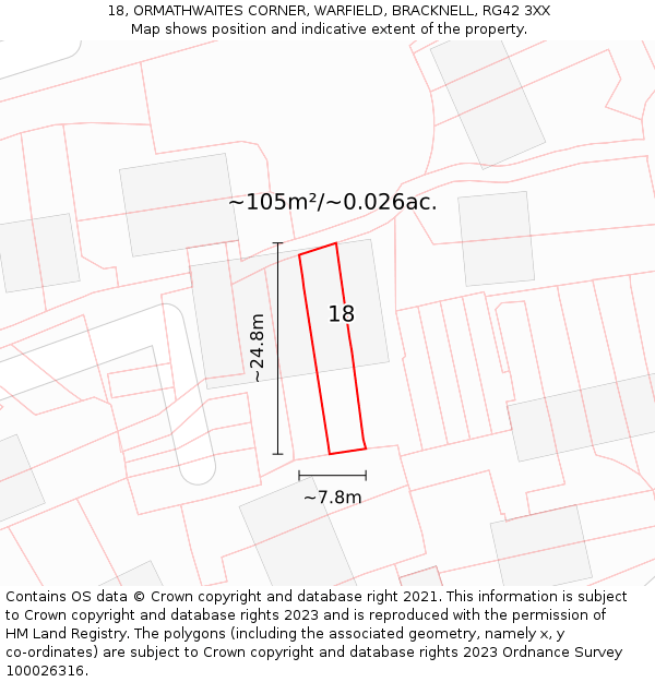 18, ORMATHWAITES CORNER, WARFIELD, BRACKNELL, RG42 3XX: Plot and title map