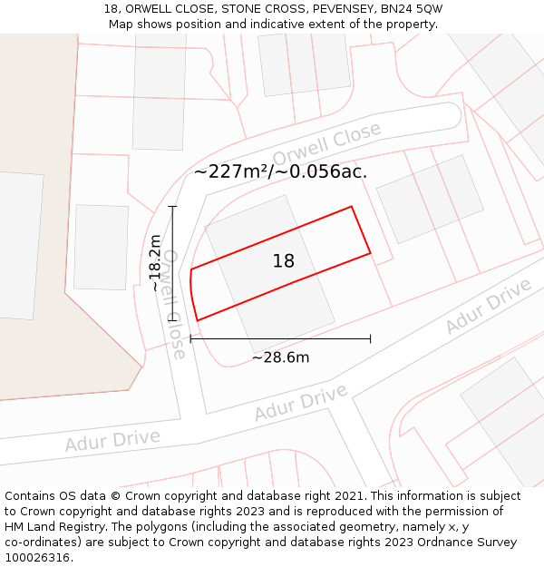 18, ORWELL CLOSE, STONE CROSS, PEVENSEY, BN24 5QW: Plot and title map