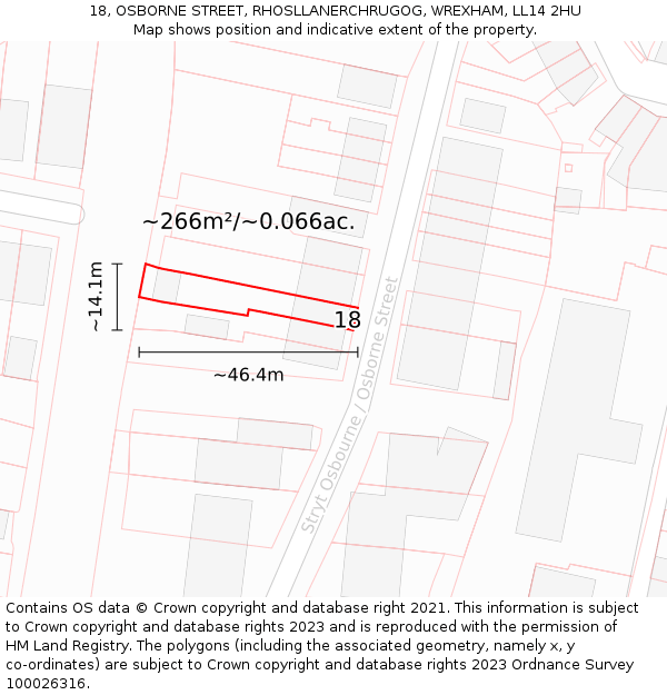 18, OSBORNE STREET, RHOSLLANERCHRUGOG, WREXHAM, LL14 2HU: Plot and title map