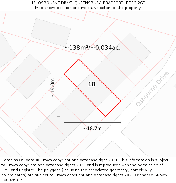 18, OSBOURNE DRIVE, QUEENSBURY, BRADFORD, BD13 2GD: Plot and title map