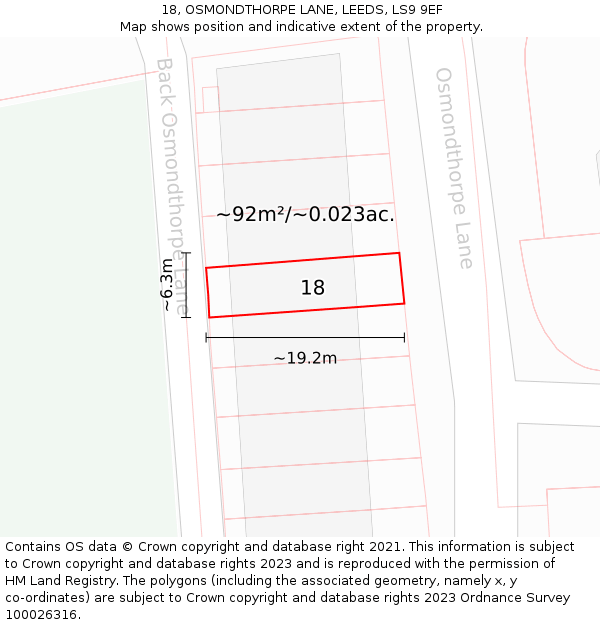 18, OSMONDTHORPE LANE, LEEDS, LS9 9EF: Plot and title map