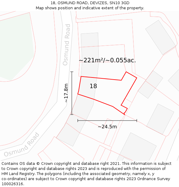 18, OSMUND ROAD, DEVIZES, SN10 3GD: Plot and title map