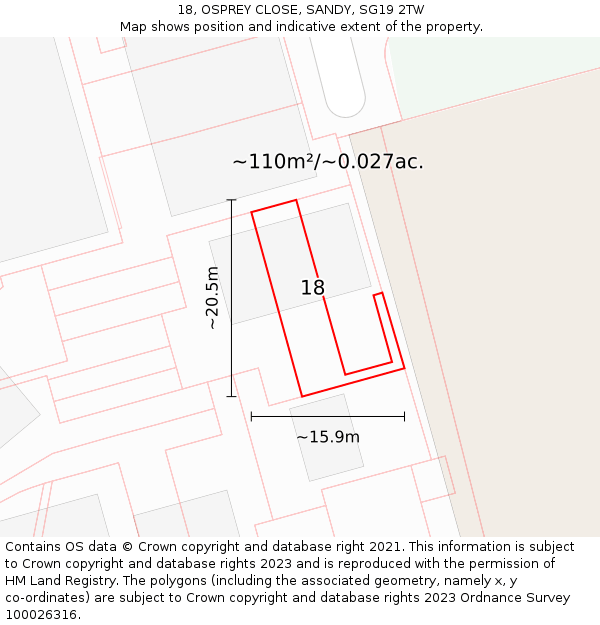 18, OSPREY CLOSE, SANDY, SG19 2TW: Plot and title map