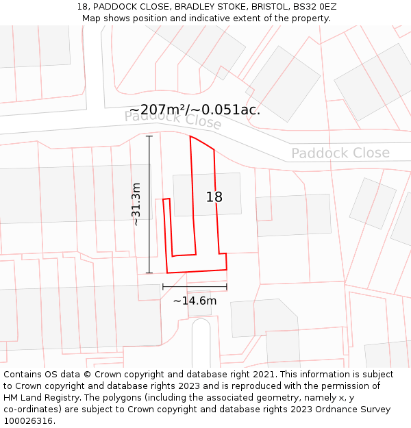 18, PADDOCK CLOSE, BRADLEY STOKE, BRISTOL, BS32 0EZ: Plot and title map