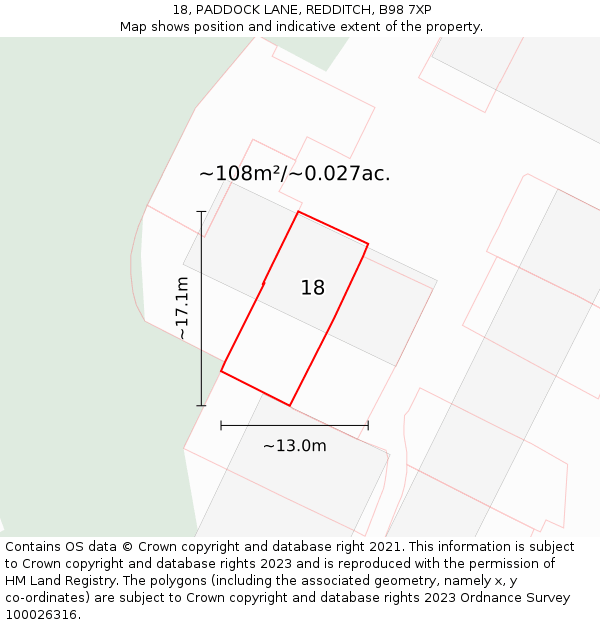 18, PADDOCK LANE, REDDITCH, B98 7XP: Plot and title map