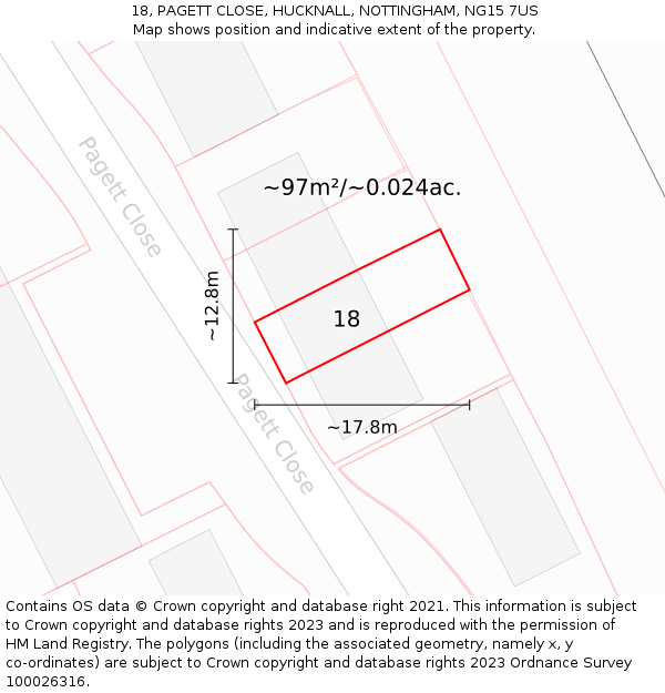 18, PAGETT CLOSE, HUCKNALL, NOTTINGHAM, NG15 7US: Plot and title map