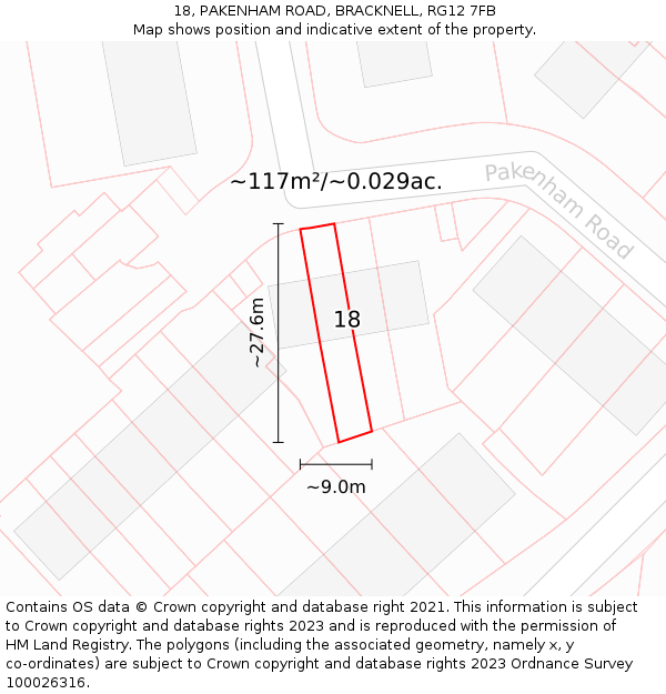 18, PAKENHAM ROAD, BRACKNELL, RG12 7FB: Plot and title map