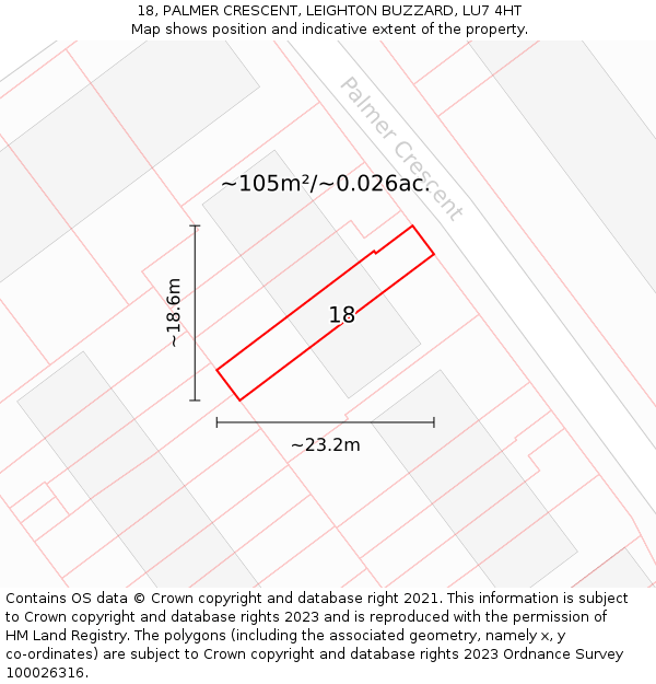 18, PALMER CRESCENT, LEIGHTON BUZZARD, LU7 4HT: Plot and title map
