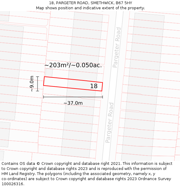 18, PARGETER ROAD, SMETHWICK, B67 5HY: Plot and title map