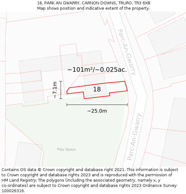 18, PARK AN GWARRY, CARNON DOWNS, TRURO, TR3 6XB: Plot and title map
