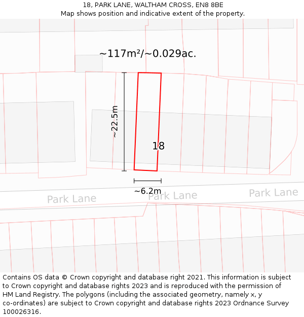 18, PARK LANE, WALTHAM CROSS, EN8 8BE: Plot and title map