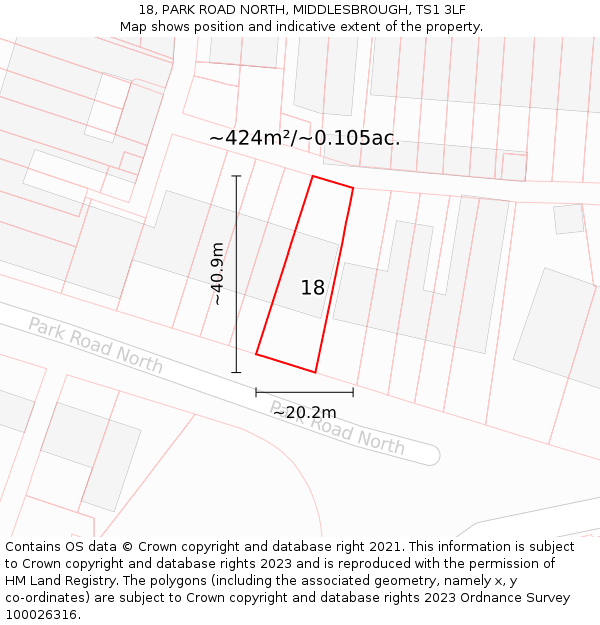 18, PARK ROAD NORTH, MIDDLESBROUGH, TS1 3LF: Plot and title map