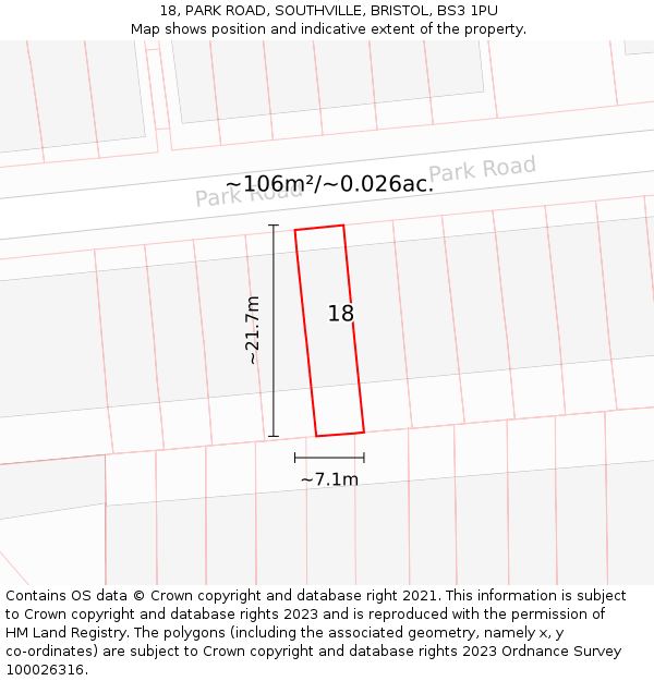 18, PARK ROAD, SOUTHVILLE, BRISTOL, BS3 1PU: Plot and title map