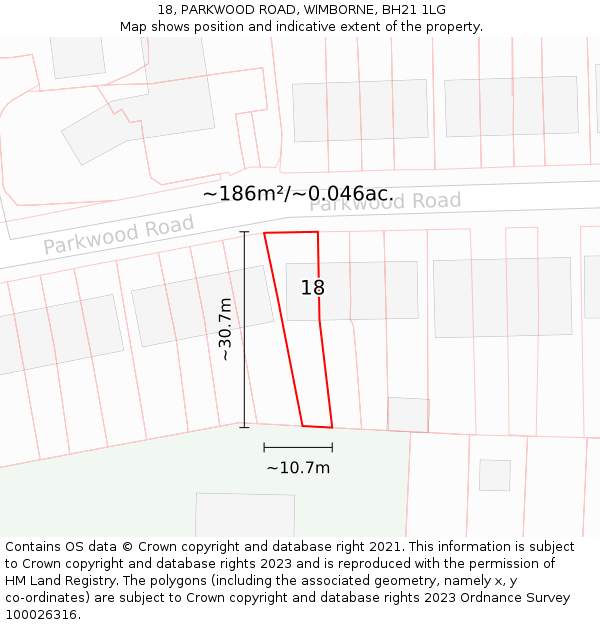 18, PARKWOOD ROAD, WIMBORNE, BH21 1LG: Plot and title map