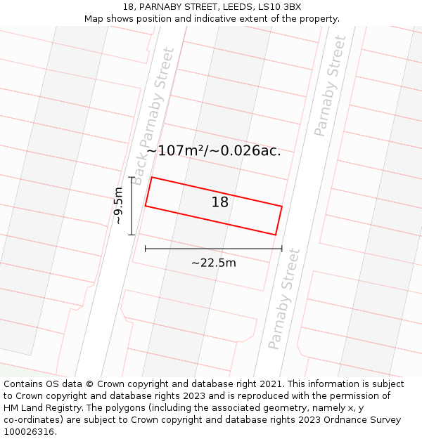 18, PARNABY STREET, LEEDS, LS10 3BX: Plot and title map