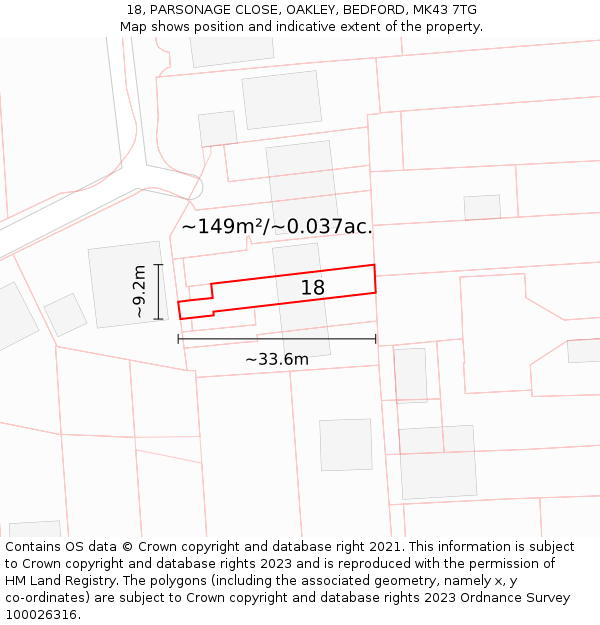 18, PARSONAGE CLOSE, OAKLEY, BEDFORD, MK43 7TG: Plot and title map