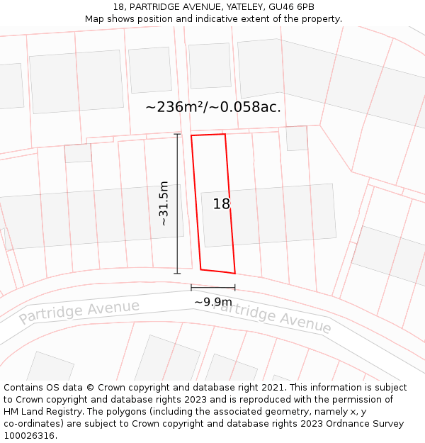 18, PARTRIDGE AVENUE, YATELEY, GU46 6PB: Plot and title map