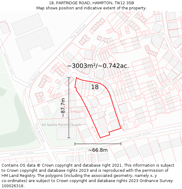 18, PARTRIDGE ROAD, HAMPTON, TW12 3SB: Plot and title map
