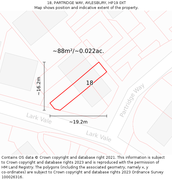 18, PARTRIDGE WAY, AYLESBURY, HP19 0XT: Plot and title map