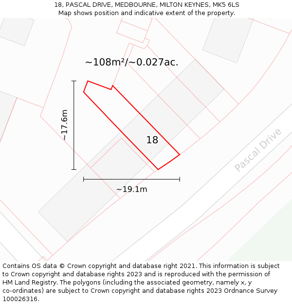 18, PASCAL DRIVE, MEDBOURNE, MILTON KEYNES, MK5 6LS: Plot and title map